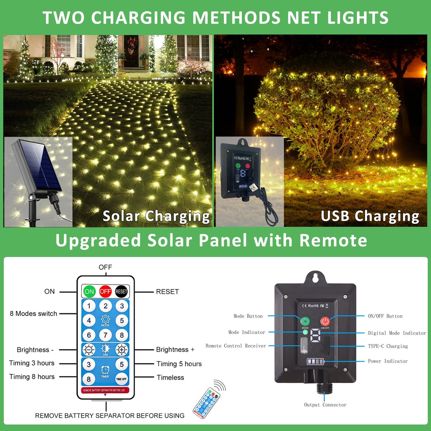 HEYCOLOR Solar Net Lights, 360 LED Warm White, Waterproof, 21ft x 5ft, Green Wire, Remote Control, Model LR-(1-1000) L-SL01