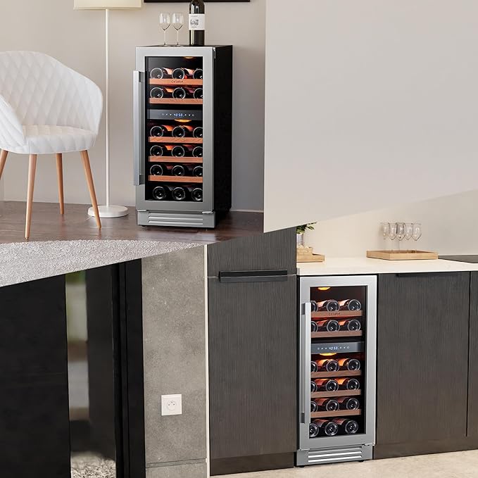 Ca'Lefort 15 Inch Wine Fridge Cooler - 28 Bottles Dual Zone Cooler with Glass Door, 3 LED Built-in Compressor Fridge with Adjustable Shelves for Home Office Bar (3.0 cu.ft)