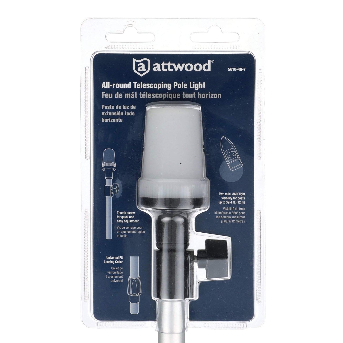 Attwood 5610-48-7 Telescoping Pole Light All-Around Light Height-Adjustable 26-42 Inches 2 Mile 360-Degree Visibility One Size