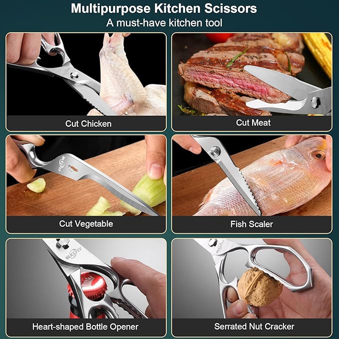Premium Kitchen Shears Heavy Duty, Kitchen Scissors for Food, 8.8 Inch Ultra Sharp Meat Scissors Detachable Blade, Silver Titanium Plated Poultry Shears, Anti-Slip Cooking Scissor All Purpose