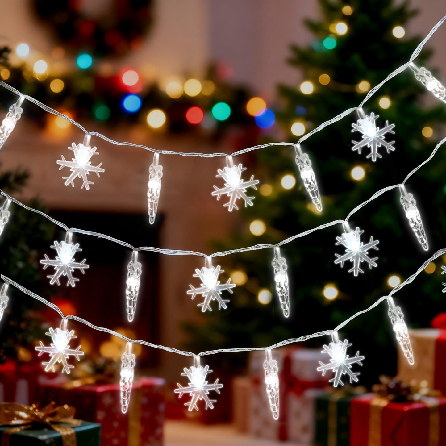 Gradesin 20Ft Icicle String Lights, 40 Led, Battery Operated, Cool White Acrylic For Indoor Christmas Decorations