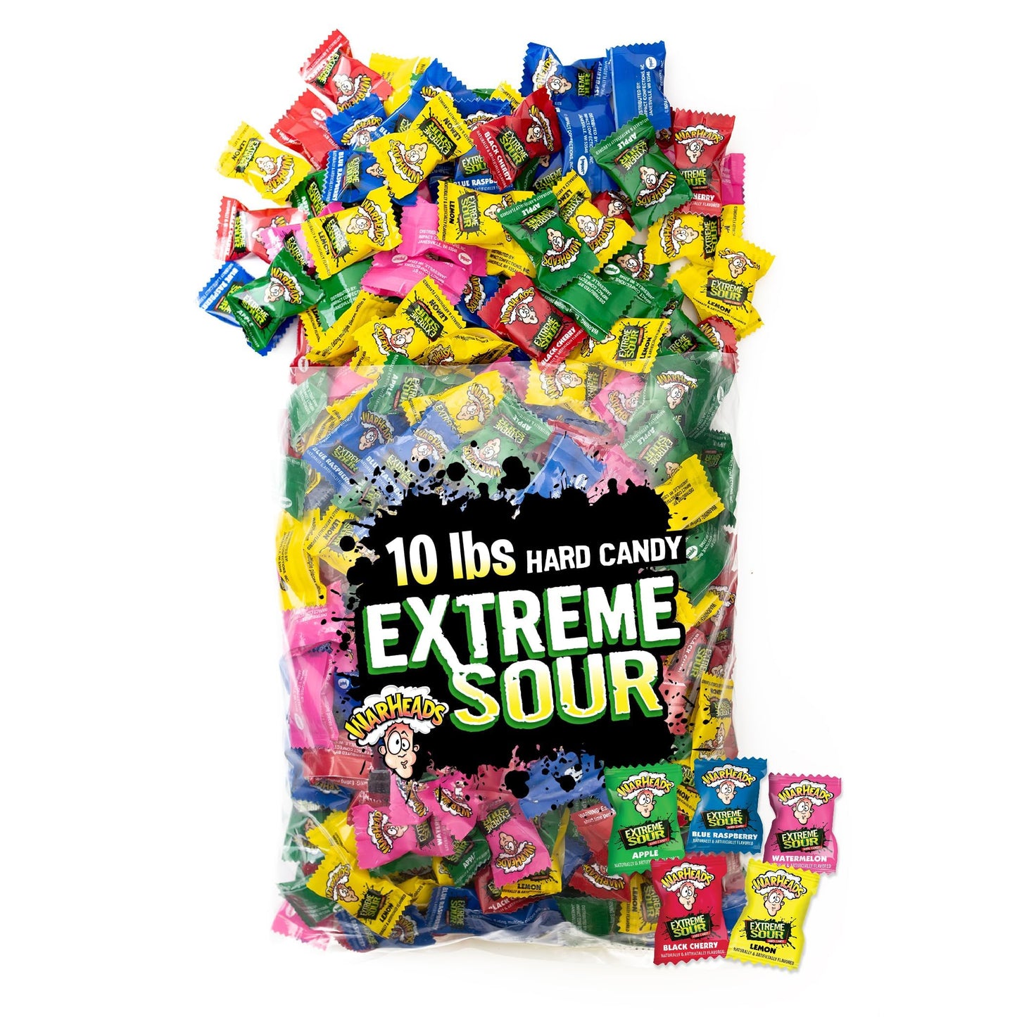 WARHEADS - Extreme Sour Hard Candy - Sour Apple Black Cherry Blue Raspberry Lemon & Watermelon Flavors Great For Parades - 10 lb. Bulk Bag