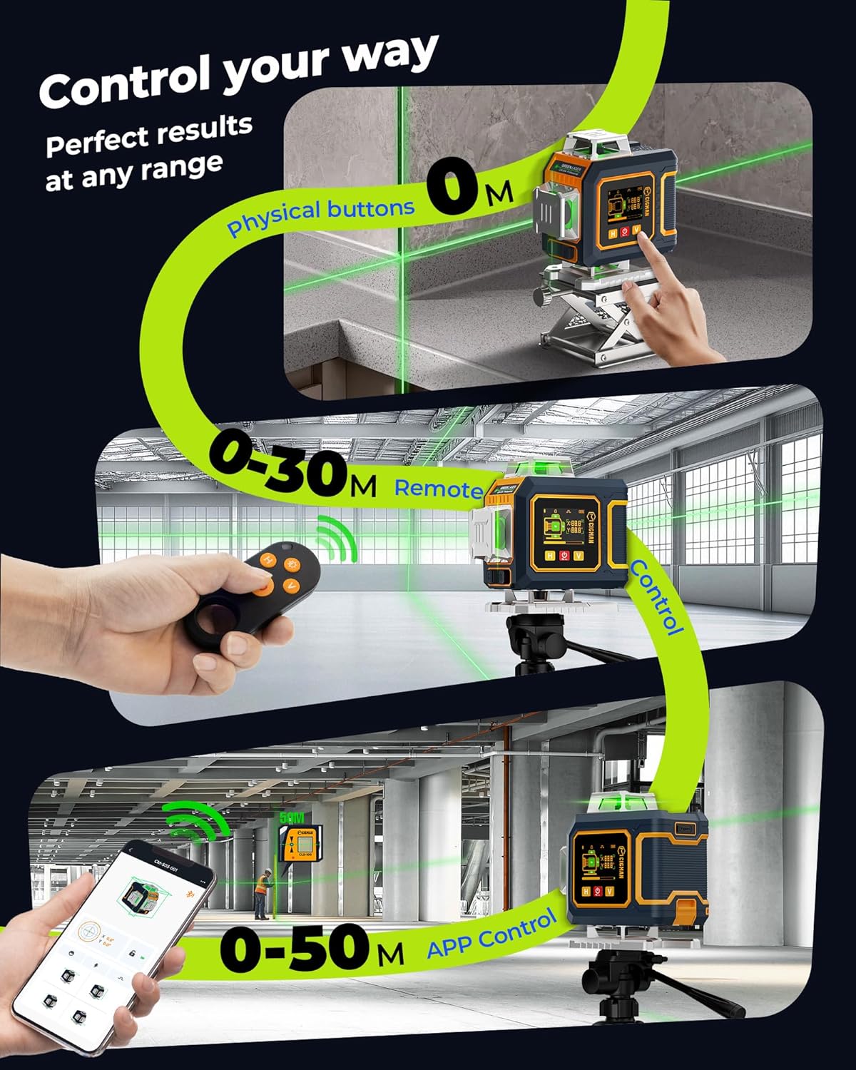 CIGMAN 16 Lines Green Laser Level 4×360° Self Leveling, Side LCD, Bluetooth App Remote, Pulse Mode for Receiver, 2×Li-ion (USB-C), Liftable Stand, 1/4" Mount, IP54, ABS Hard Case – S04