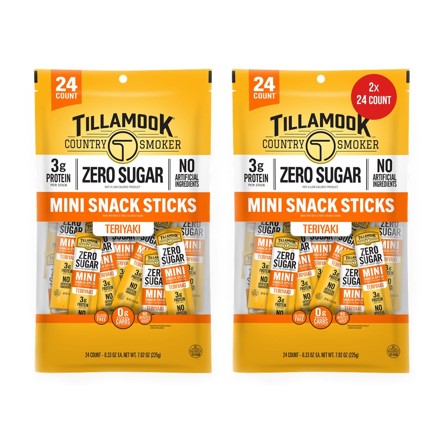 Tillamook Country Smoker Zero Sugar Teriyaki Mini Smoked Sausages 0.33 oz 48 Ct Individually Wrapped Beef Sticks for Afternoon Snacks Lunchboxes Travel Real Hardwood Smoked