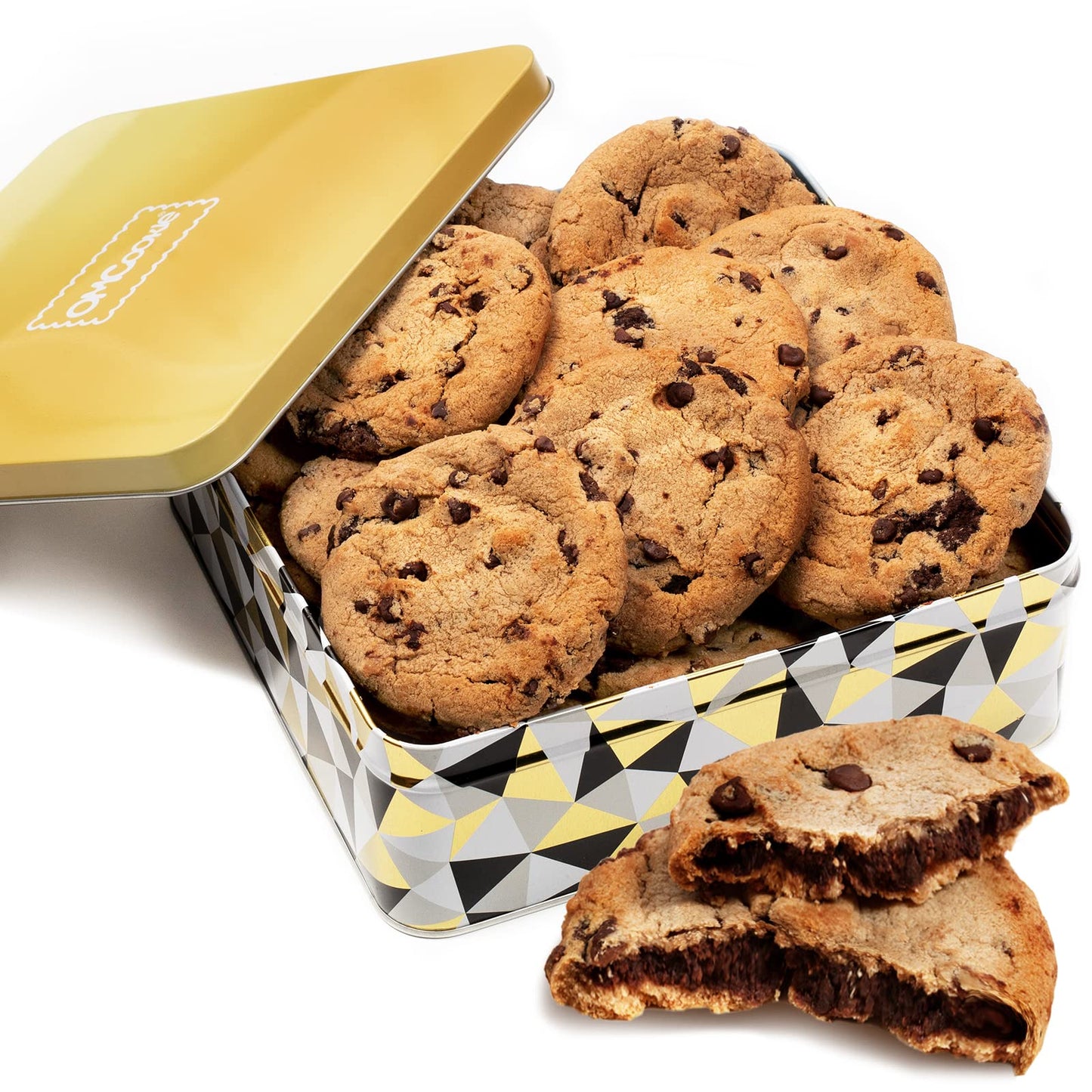 Holiday Chocolate Chip Cookies Gift Basket 1.5 LB Gourmet Tin Fudge Filled For Men Women | INDIVIDUALLY WRAPPED | Large Cookies