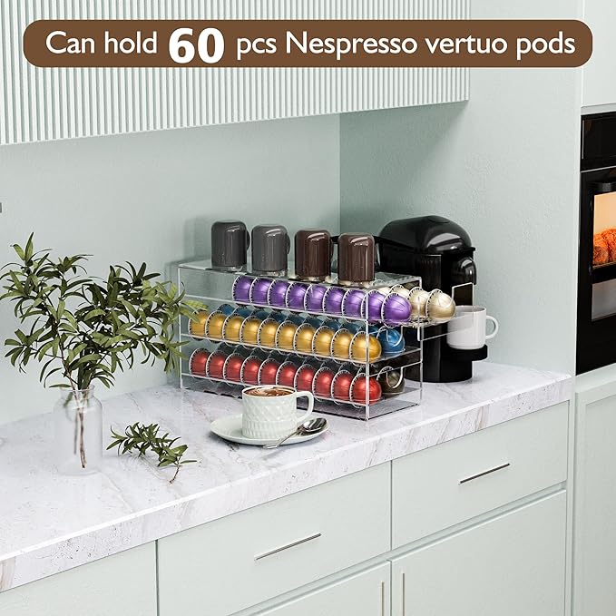 Acrylic Coffee Pod Organizer for Nespresso Vertuo Pod Holder 60 Pods Clear Vertuo Pod Storage Drawer (3 Tier)
