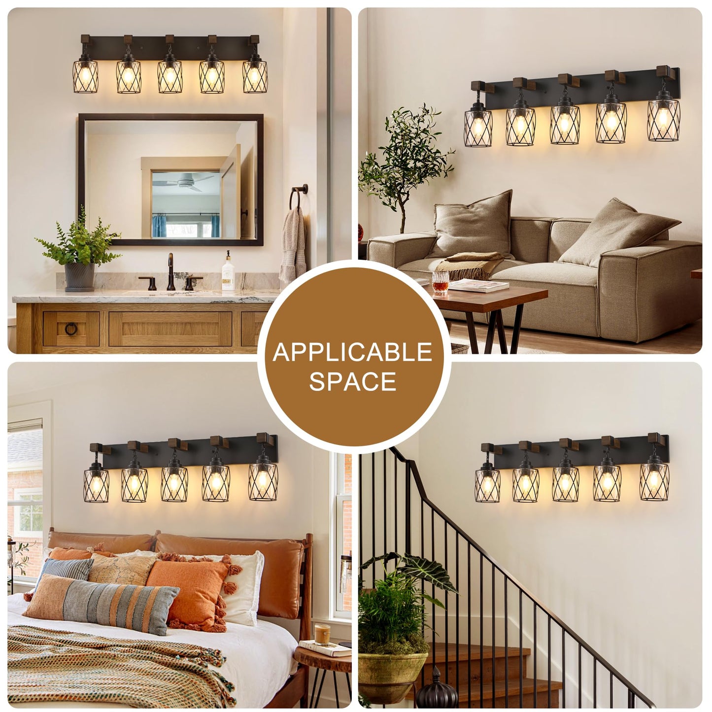 Farmhouse Bathroom Light Fixtures 5 Light Bathroom Vanity Light With Metal And Glass Lampshade Wood Rustic Lighting Fixtures Over Mirror Black Wall Sconces For Living Room Bedroom