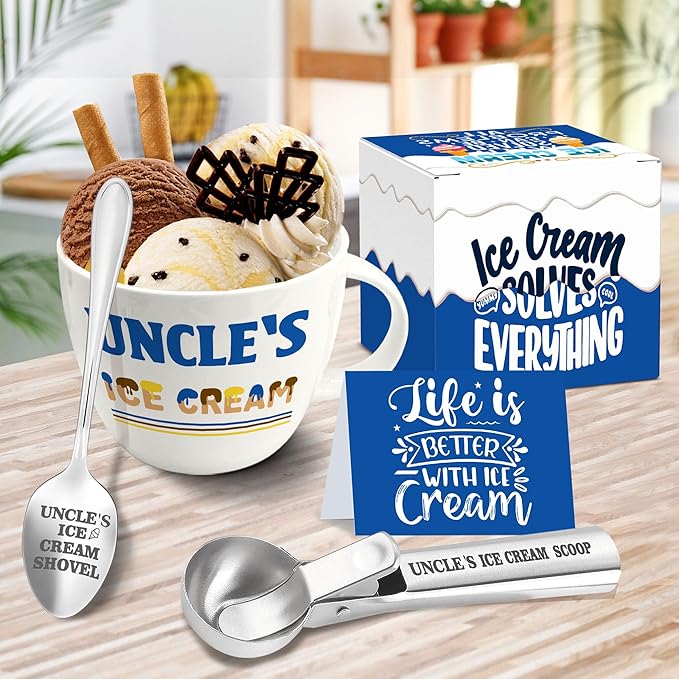 Christmas Uncle Gifts, Gifts for Uncle from Niece Nephew, Uncle's Ice Cream Bowl Scoop Shovel Spoon Set, Uncle’s Ice Cream Gift, Christmas Birthday Father's Day Present for Him Man