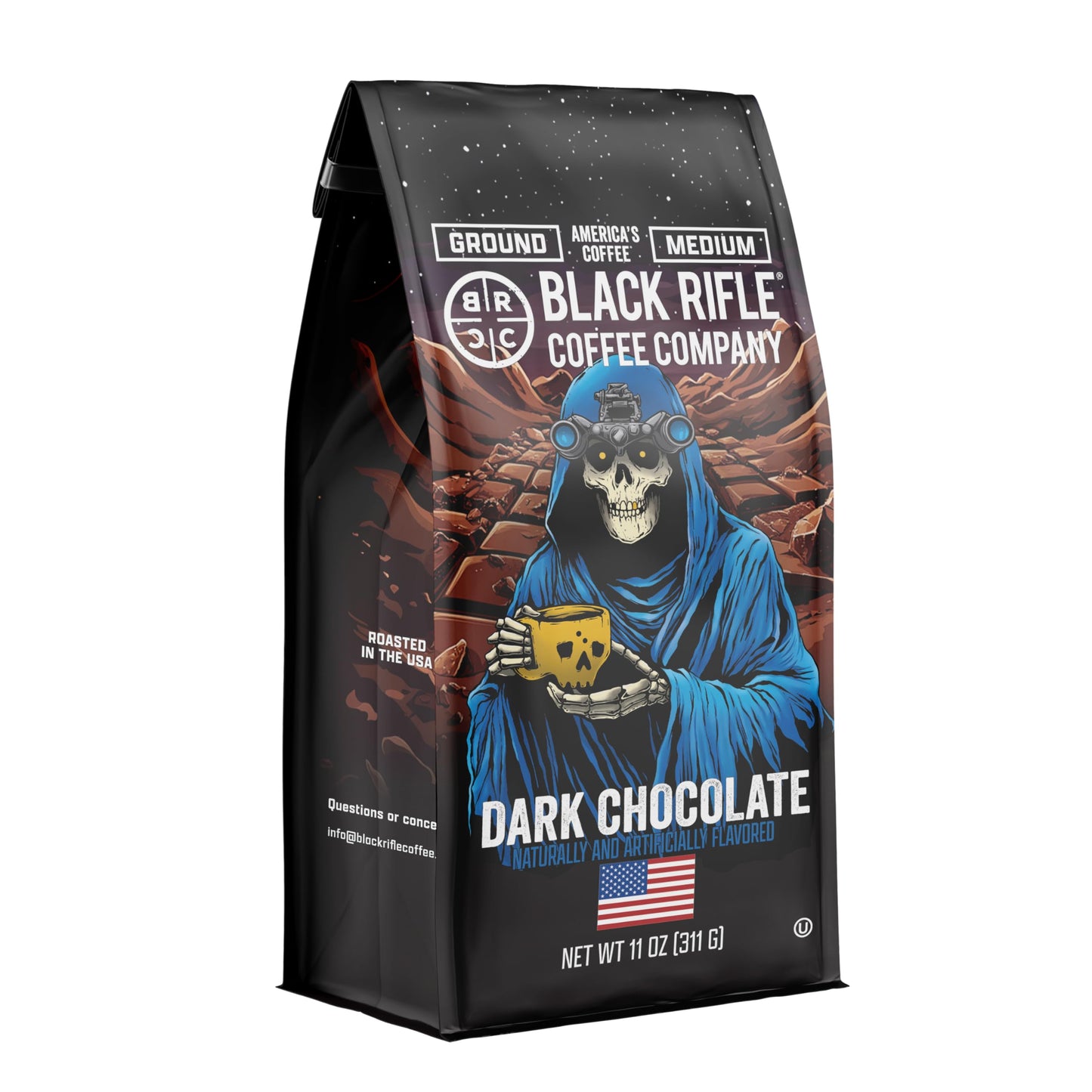 Black Coffee Company Dark Chocolate Roast 11oz Gound Coffee with Smooth Indulgent Dark Chocolate Notes for a Decadent Brew.