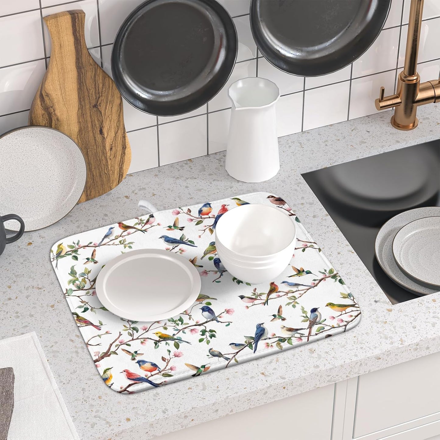 Floral Bird Dish Drying Mat for Kitchen Counter 16x18 Inch Spring Summer Bird Branch Flower Absorbent Reversible Microfiber Dish Pad Dish Drainer Rack Mats Countertops Protector Mat
