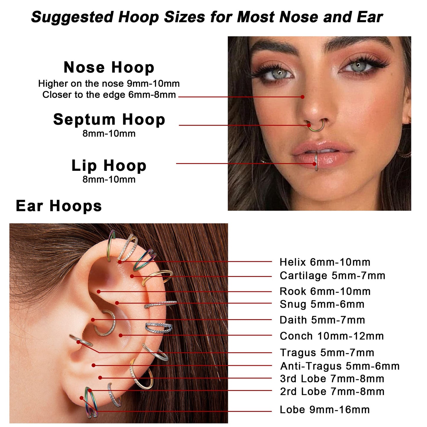 Dochais 4PCS 18G Nose Rings Hoops, Surgical Steel Earrings Tragus Septum Piercing CZ Clicker Ring, Hinged Segment Conch Lip Cart