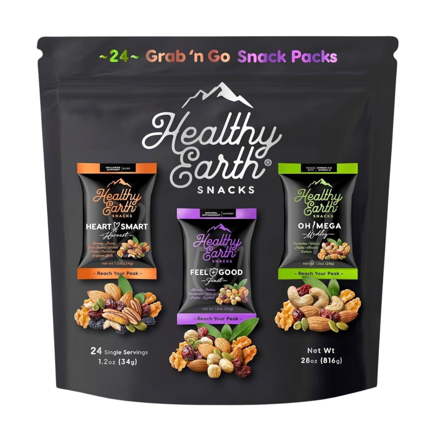 Healthy Earth Snacks 3 Flavors Variety Pack 24 Count | Mixed Nuts & Dried Fruits Gourmet Snacks Gluten-Free | 8 Packets Per Flavor: Heart Smart Harvest Feel Good Feast & Oh! Mega Medley (816g)