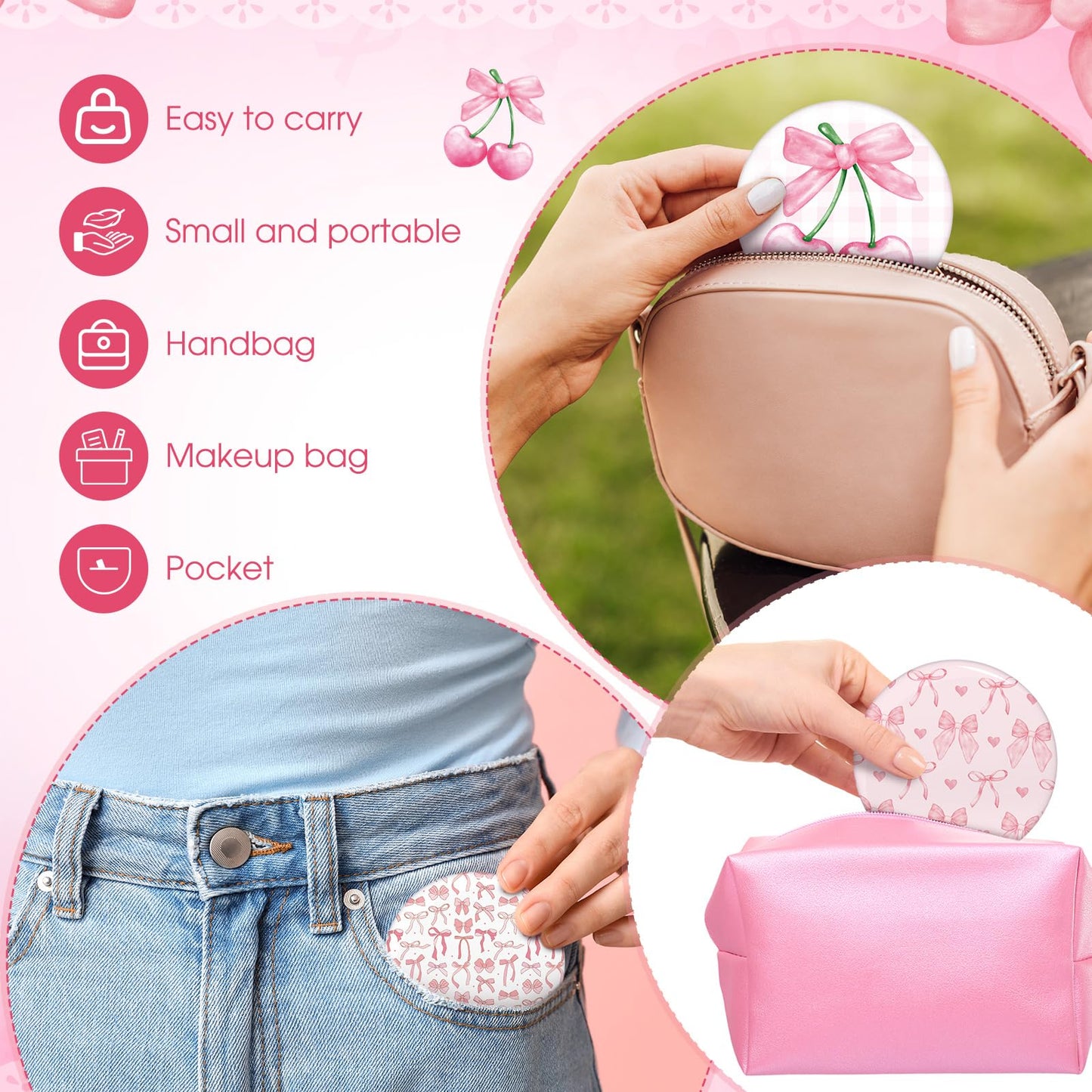 Cinnvoice 12 Pcs Coquette Aesthetic Compact Mirror Bulk Bow Travel Makeup Pocket Purse Mini Mirror for Women Wedding Bridal Show