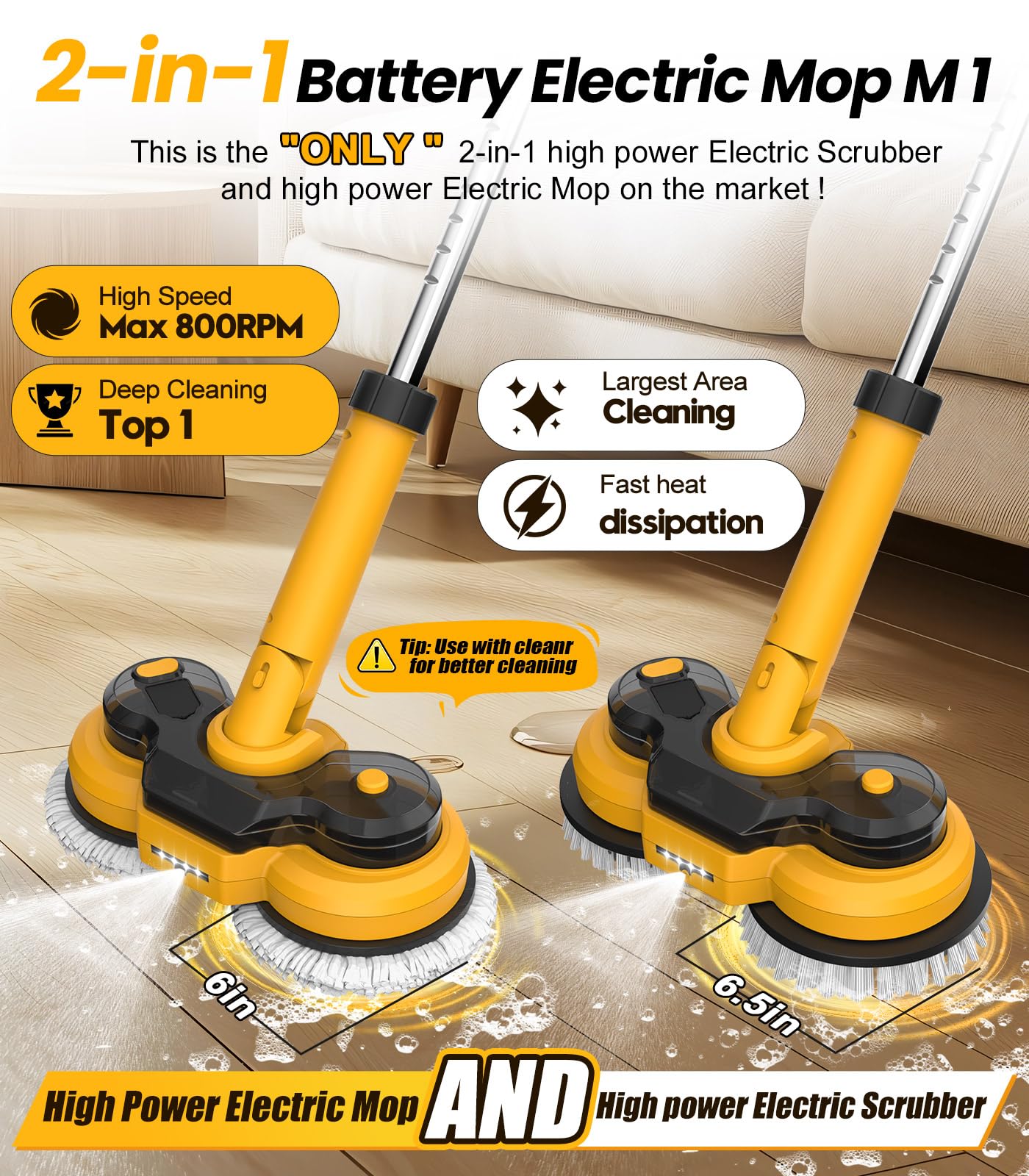 qimedo 6000mAh Battery Cordless Electric Mop M1 Pro, 800RPM Electric Power Scrubber & Mops for Floor Cleaning, Automatic Spin Mops with Smart Display,Rotating Mop with LED Light & Water Spray