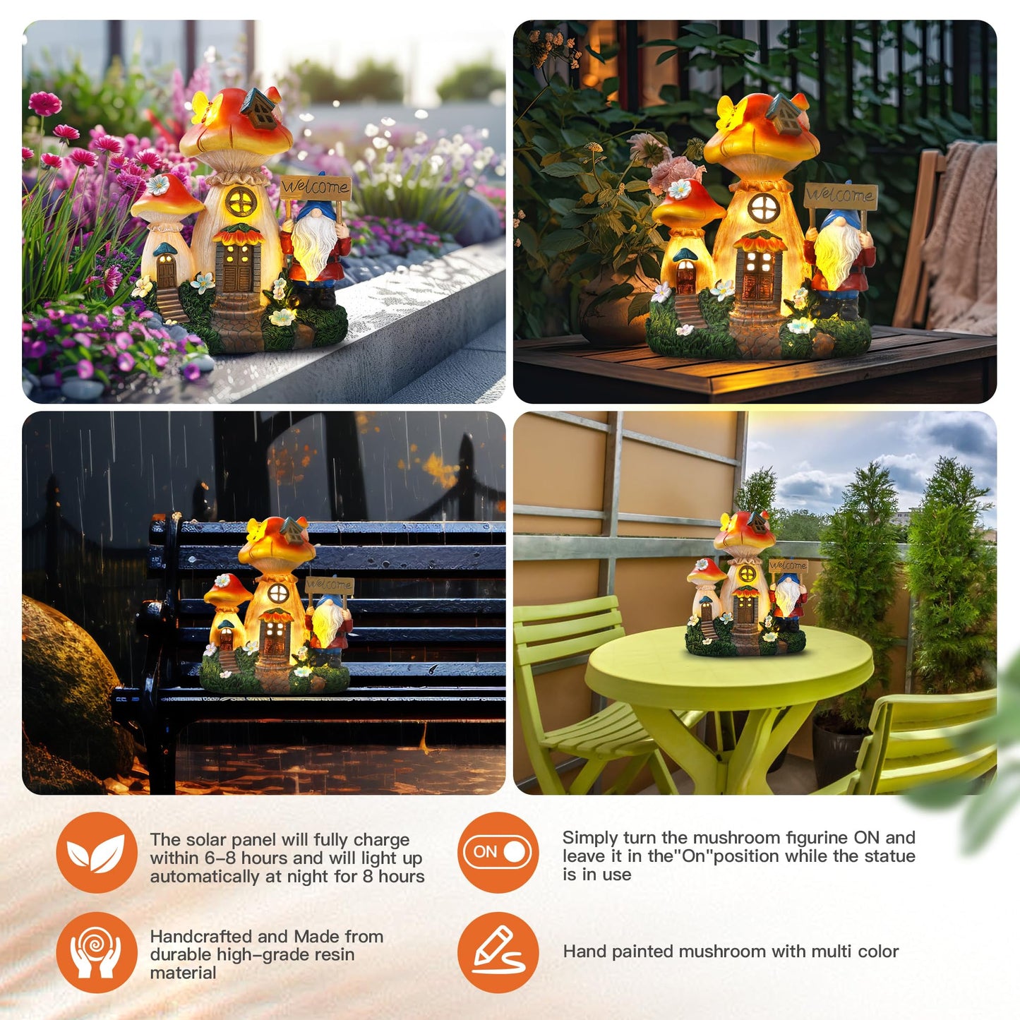 Json Solar Garden Statue Lights Mushroom Fairy House Figurine Outdoor Memorial Garden Ornaments Waterproof Decoration For Outside Patio Yard Lawn Decor