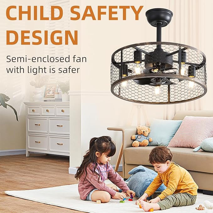 NicBex Ceiling Fan 20 Inch Ceiling Fans with Lights Caged Ceiling Fan with Blades and Remote Control Down Rod Mount Ceiling Fans for Bedroom, Living Room, Black Gray