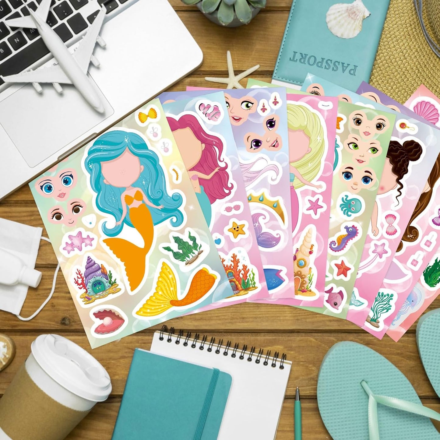 32 Sheets Mermaid Stickers for Kids, Make Your Own Sticker, Mermaid Make a Face Stickers for Kids Party Favors, Classroom Teacher Rewards, Art Craft Supplies