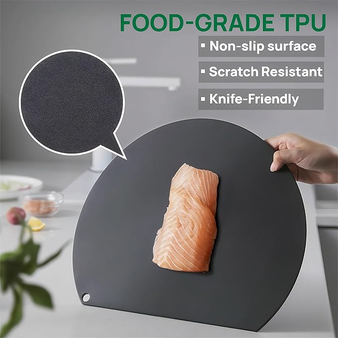 Rubber Cutting Board, TPU Cutting Mats for Kitchen, Thin Cutting Boards Plastic Flexible, Unique D Shape Black, Non-Slip Kitchen Cutting Boards, Dishwasher Safe, BPA Free,(1PC, Black-D Shape)