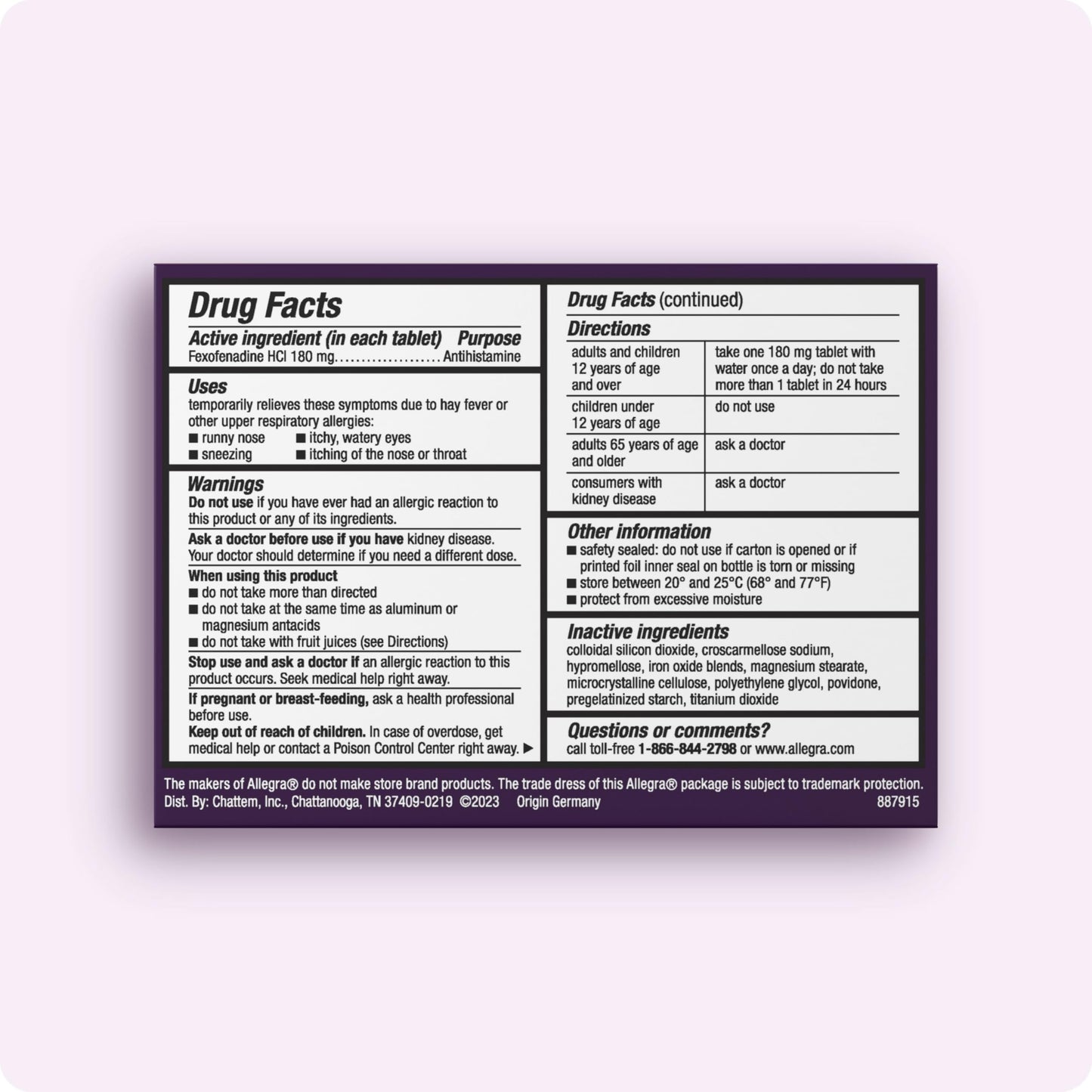 Allegra Adult 24-Hour Allergy Relief Tablets, Non-Drowsy Indoor and Outdoor Allergy Medicine, 180 mg Fexofenadine HCI Antihistamine Pill, 100-Count
