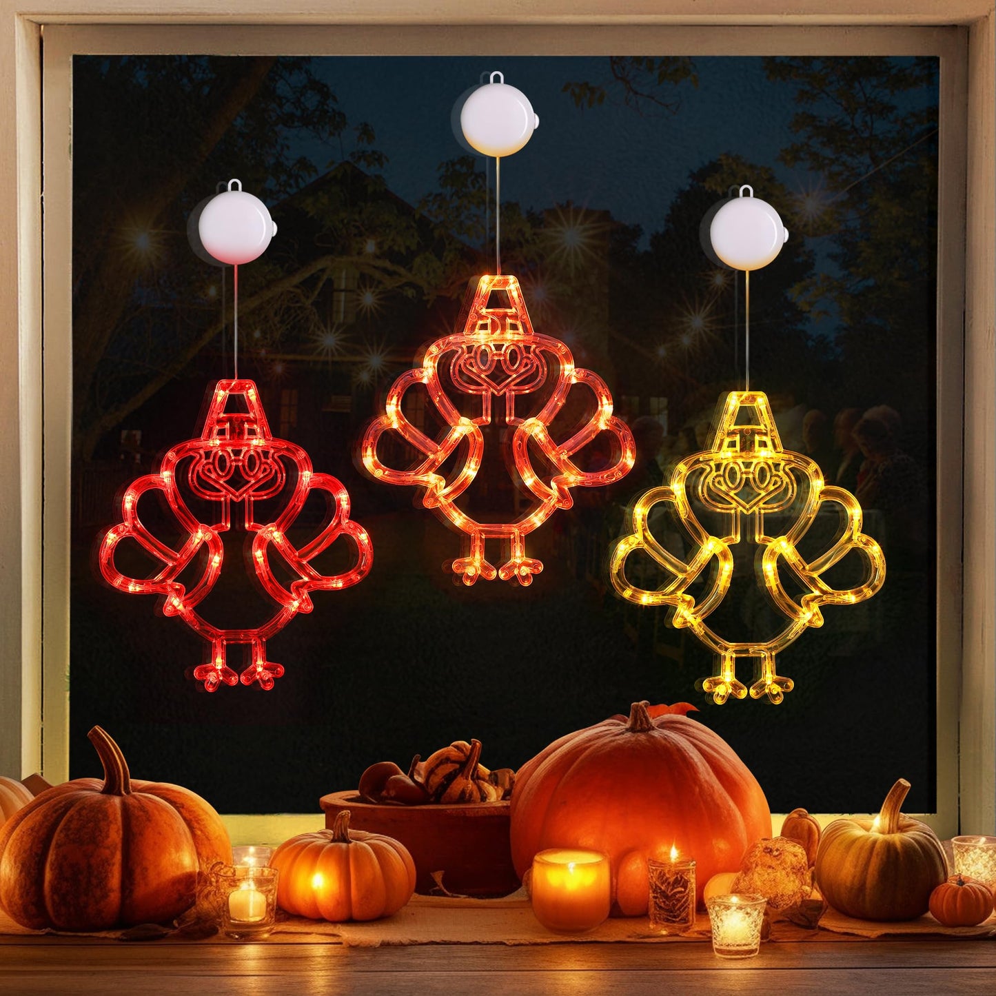 Sakayo 3 Pack Thanksgiving Turkey Lights, Battery Operated Window Lights with Timer, Red Orange Yellow LED, Plastic, Modern Cont