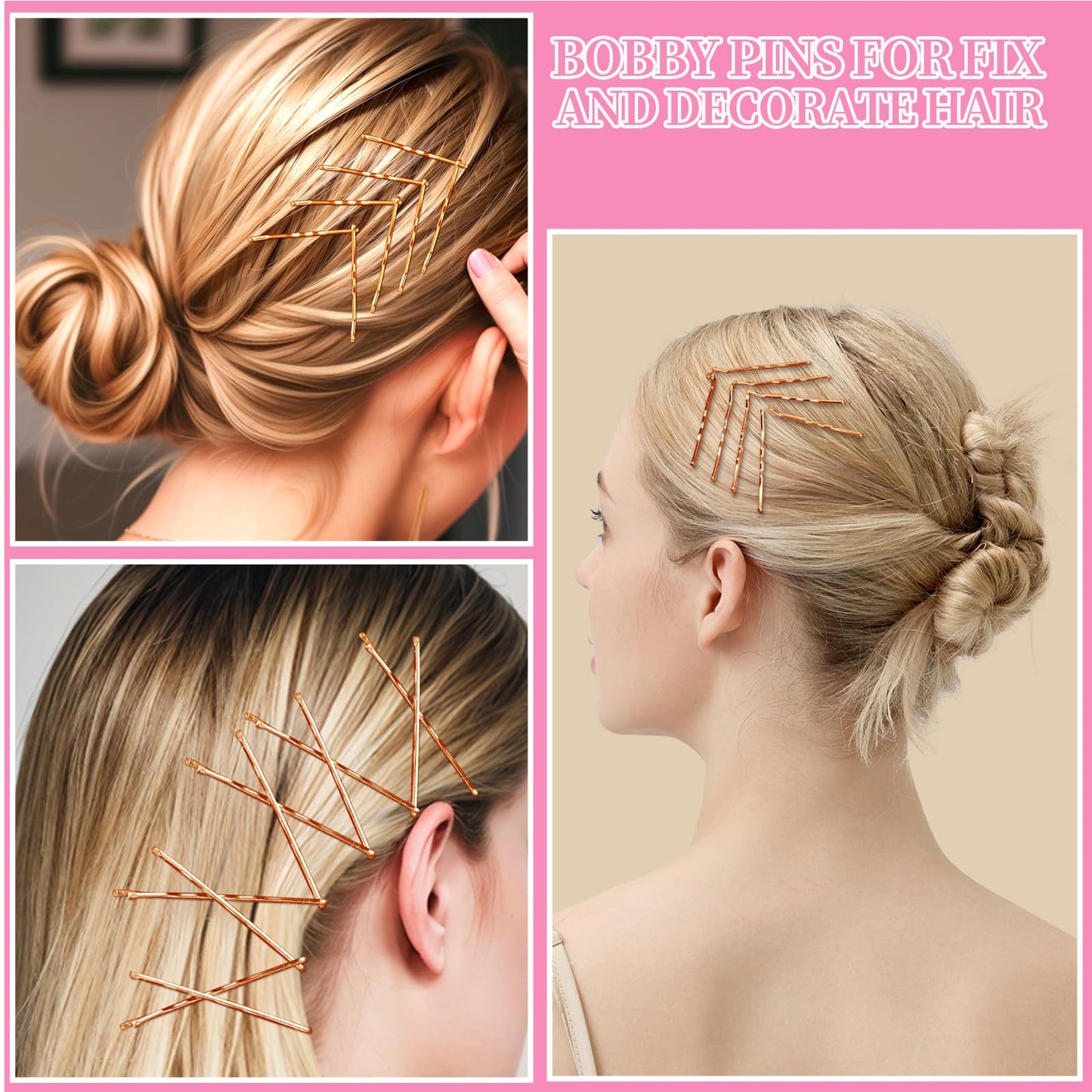 Teenitor 300pcs Bobby Pins Rose Gold Hair, 100 Bobby Pins 100 Hair Pins for Women 100 Hair Bands Kit, Hair Pins for Buns 2 2.36