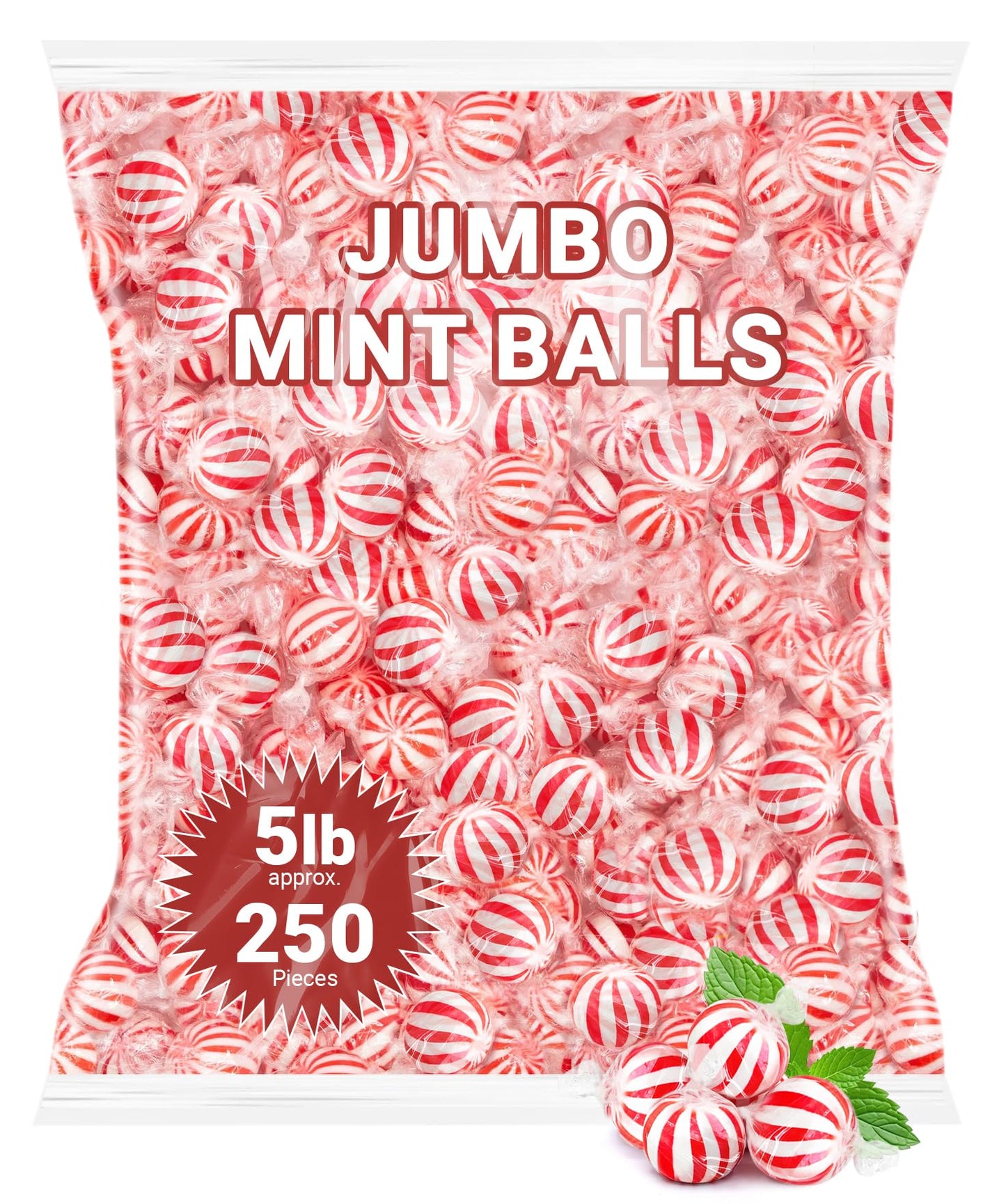 Jumbo Peppermint Candy Balls 5 Pound Bulk Peppermint Hard Candy Approx 250 Individually Wrapped Mint Balls for Christmas Candy Jars Office Bowls and Holiday Party Favors.