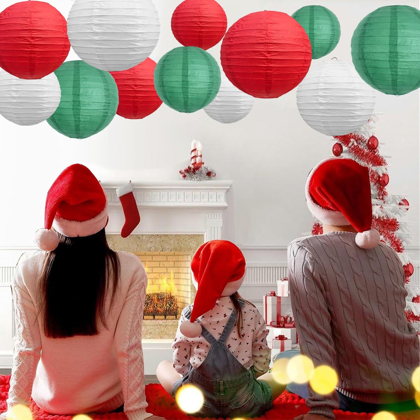 Beishida 12Pcs Red Green White Paper Lanterns Decorative Hanging Round Paper Lanterns Lamp For Christmas Birthday Wedding Bridal Home Decor Outdoor Decoration Party Decoration