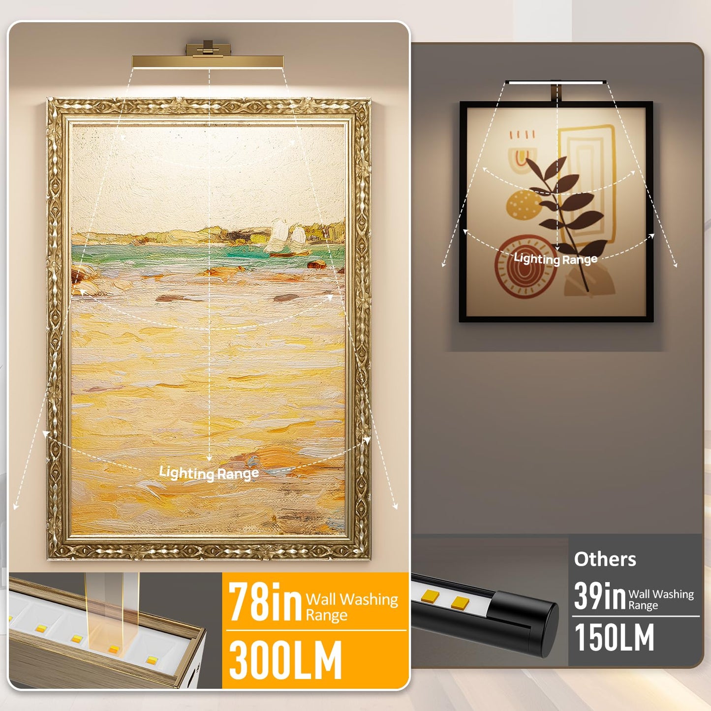 Afyuol Picture Lights for Wall, Brass Battery Operated Picture Light 16in Art Light CCT Dimmable Recharging Battery Wall Light with Remote Control for Living Room Gallery
