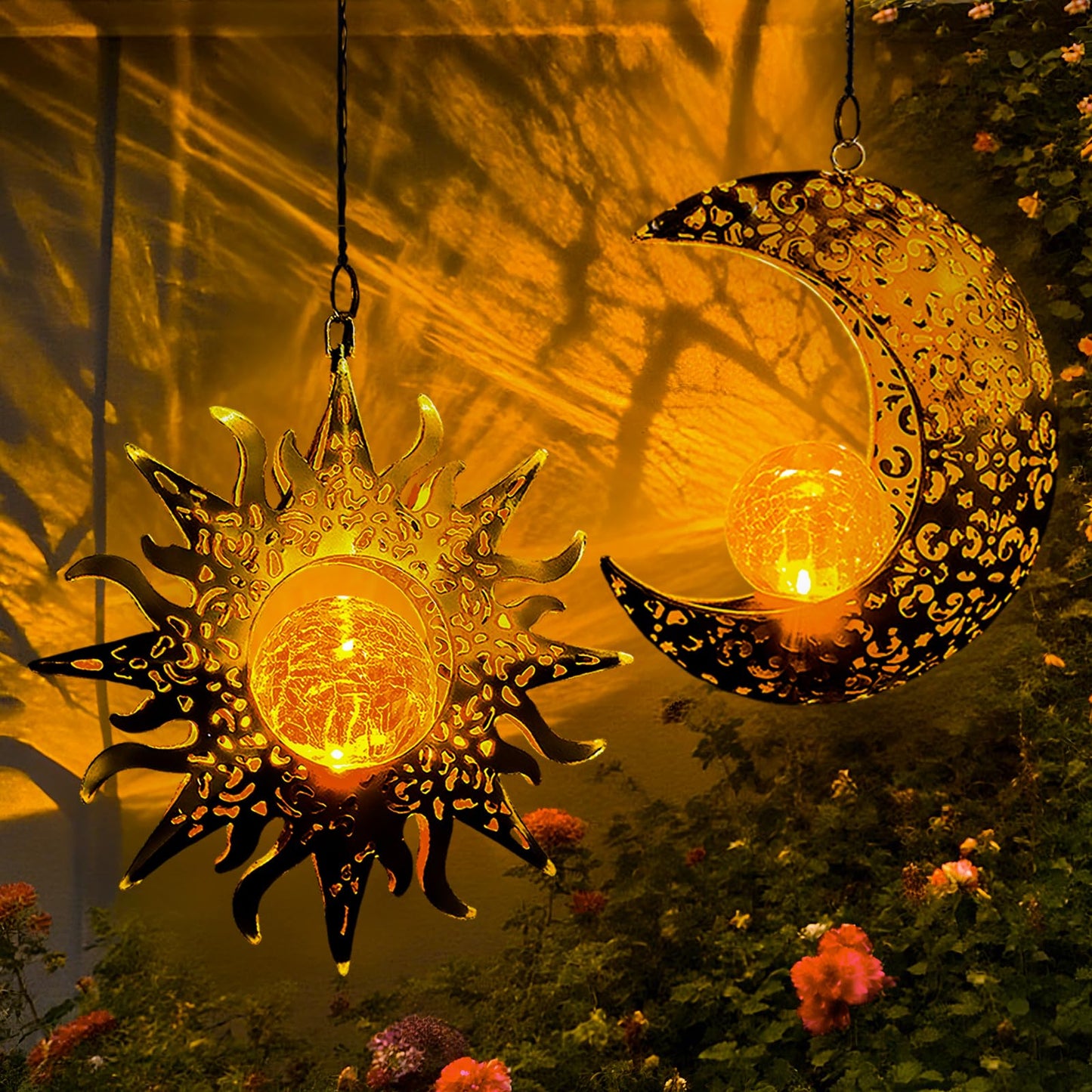Qcf Solar Hanging Sun And Moon Lights Garden Outside Decor 2 Pack Metal Lanterns Outdoor Sunflower Art Decorations For Porch Backyard Patio Wall Tree Unique Gardening Gifts For Women Mom Grandma