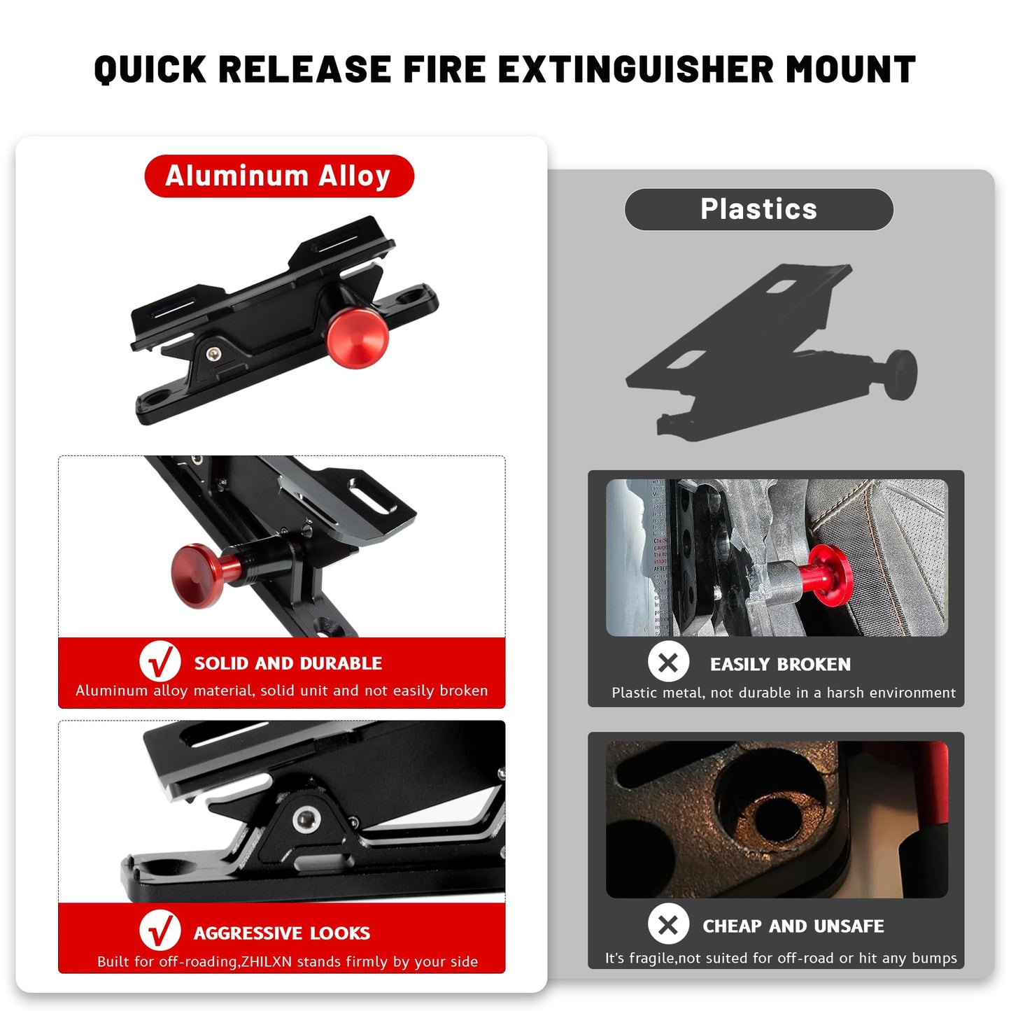 Quick Release Fire Extinguisher Mount - Aluminum Adjustable UTV Roll Bar Fire Extinguisher Holder Mounting Bracket Compatible with Jeep Wrangler TJ JK JL JKU Polaris RZR Ranger Can-Am X3 Universal