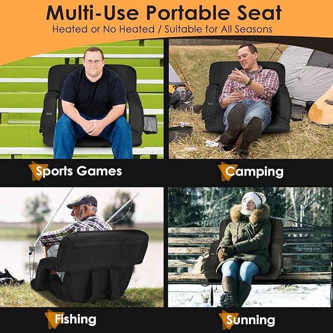 HOPERAN 2pcs Dual-Sided Heated Stadium Seats for Bleachers with Back Support, 3 Levels Heating Stadium Seating for Bleachers Seat with Backrest, 5 Pockets Portable Stadium Chair for Outdoor