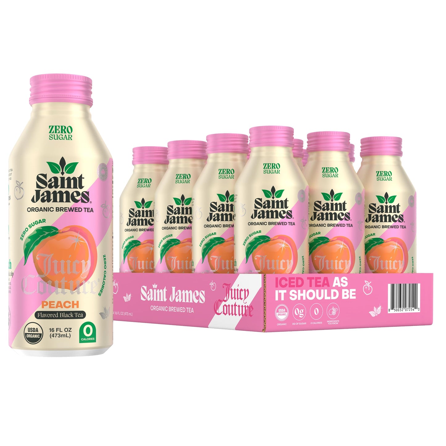Saint James Iced Tea x Juicy Couture Limited Edition - Organic Black Tea - Non-GMO Gluten Free Zero Calorie Zero Sugar - Juicy Peach 12 Pack (16 fl oz each)
