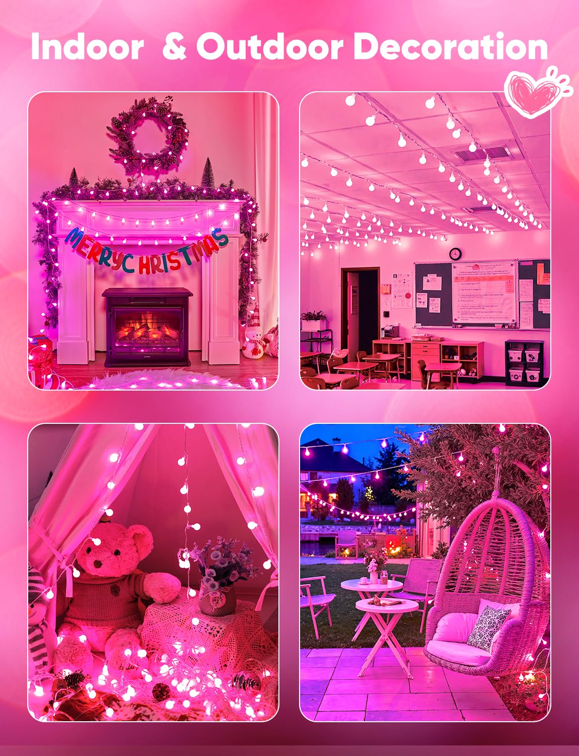 Minetom Globe String Lights 33 Feet 100 Led Fairy Lights Plug In 8 Modes With Remote Mini Globe Lights For Indoor Outdoor Bedroom Party Wedding Garden Christmas Tree Decor Pink