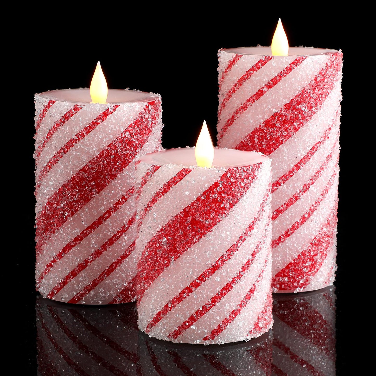 Baquler 3 Pcs Christmas Flameless Pillar Candles LED Candy Cane Peppermint Stripe Red and White Glitter Battery Operated Candles for Xmas Holiday Centerpiece Home Party Decor