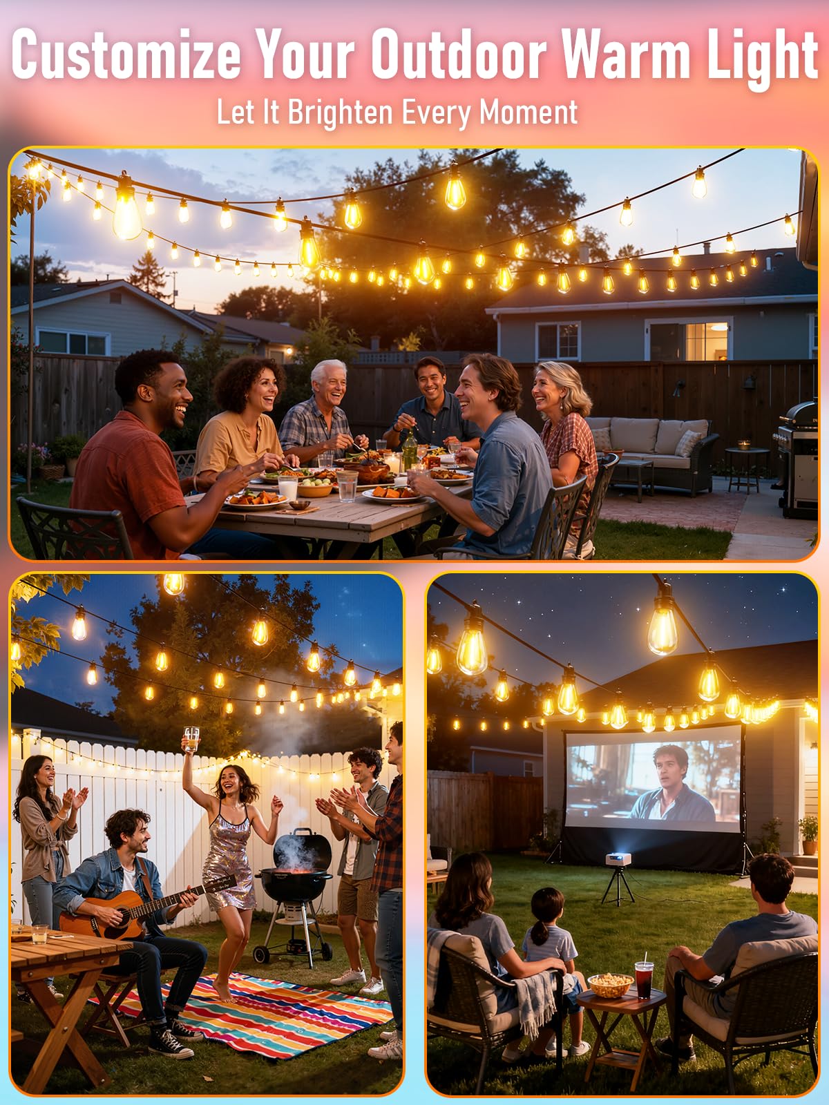 Jerritte 200Ft Led Outdoor String Lights, 60 Shatterproof Bulbs, Warm White, Ip65 Waterproof, Model Jr-S14-200, Dimmable, Heavy Duty