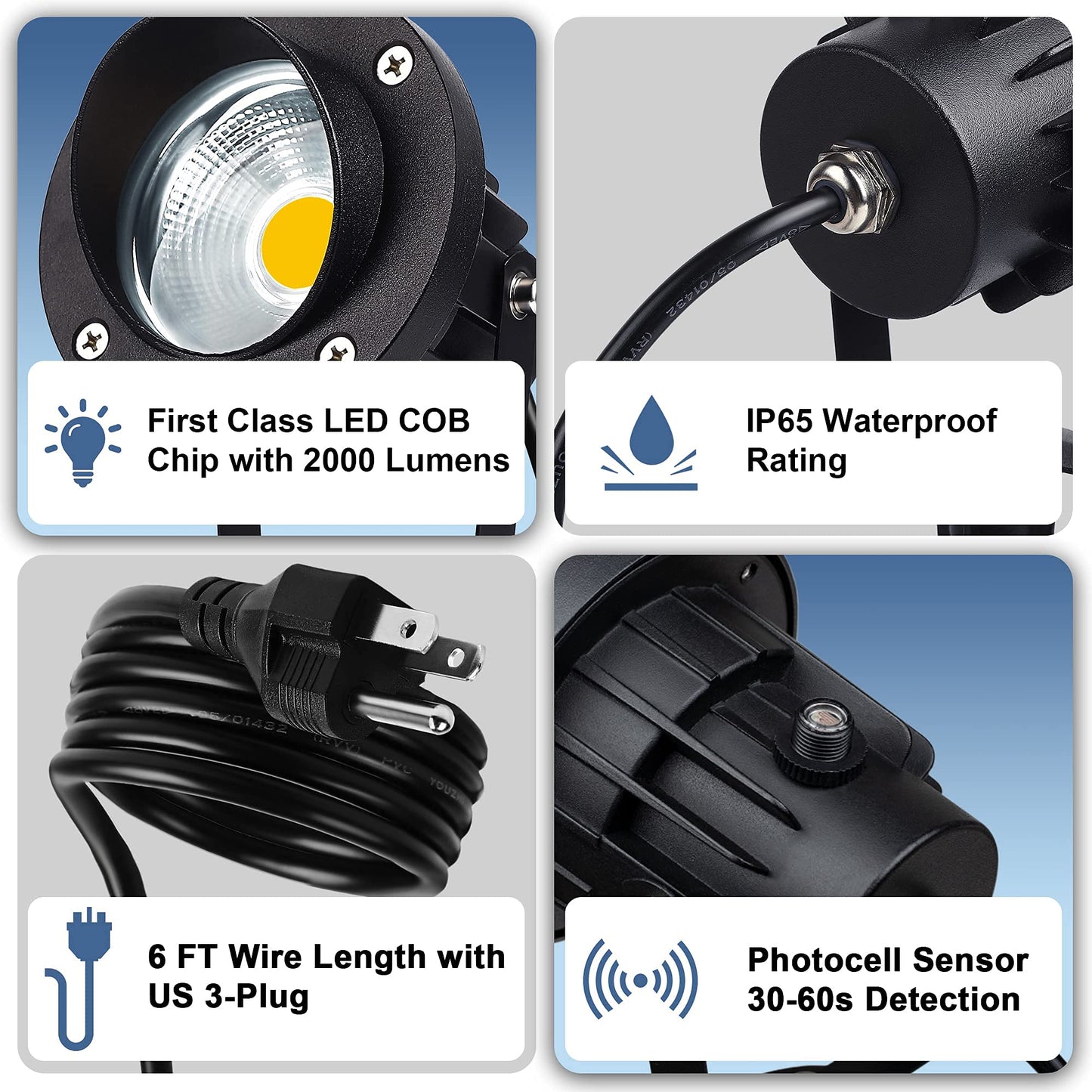 SUNVIE Outdoor LED Spotlight 20W with Dusk to Dawn Sensor, Waterproof, 2 Pack, Warm White, Aluminum