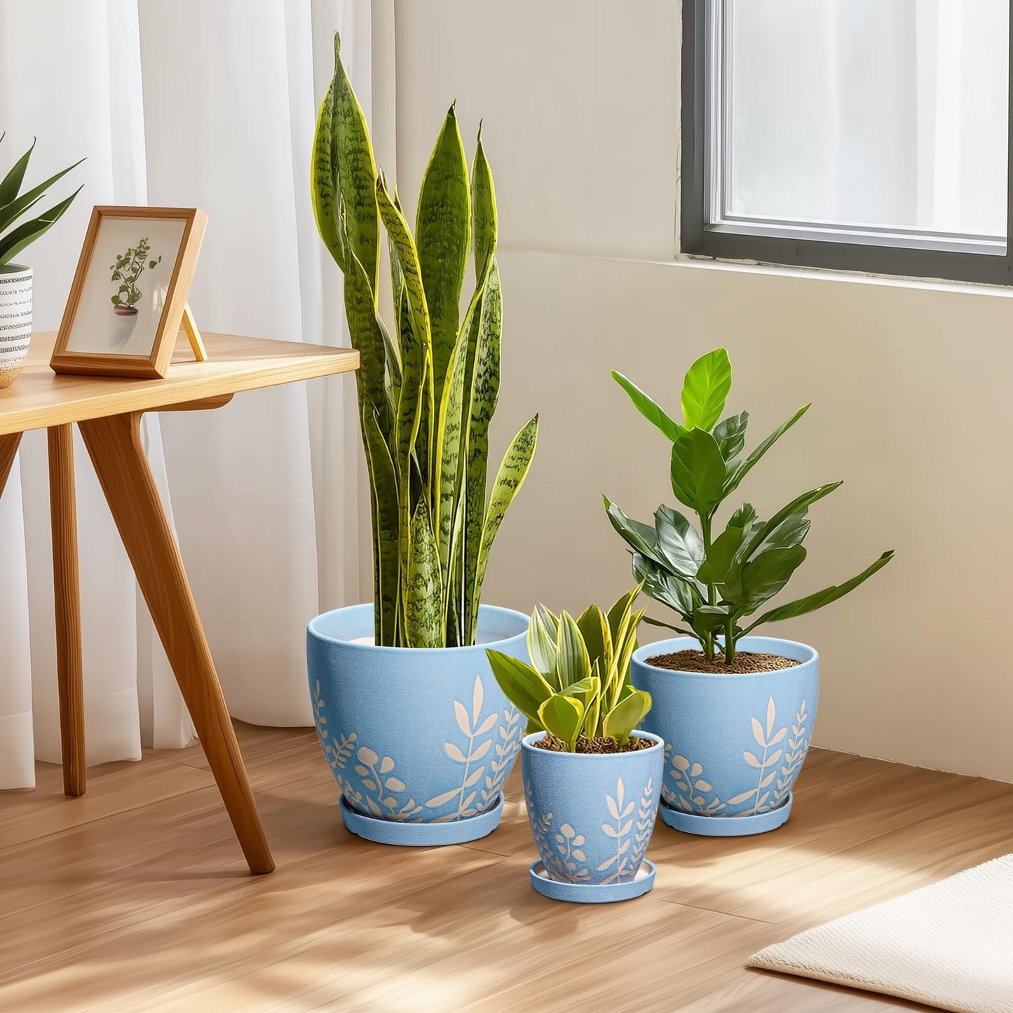 EPFamily 10 Inch Large Ceramic Plant Pot with Saucer - Round Planter with Drainage for Indoor Outdoor Plants, Boho Flower Pot, Home Office Room Garden Decor, Housewarming Gift, Blue