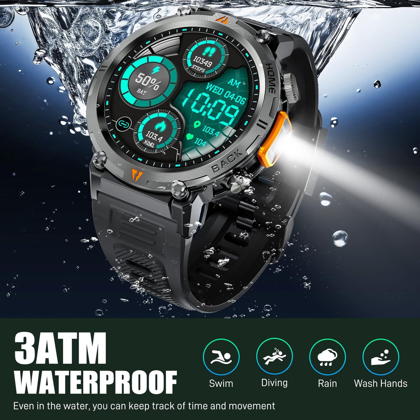 Military Smart Watch For Men With Led Flashlight 3Atm Waterproof Tactical Smart Watch With 100+ Sport Modes 1.45 Fitness Trac