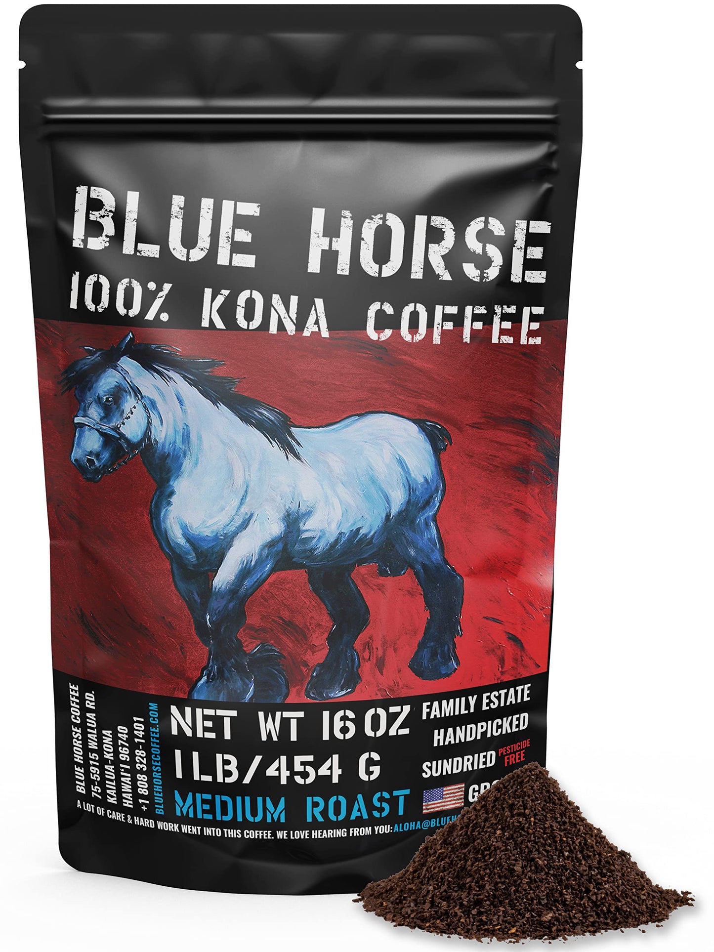 Blue Horse 100% Kona Coffee (Ground) Medium Roast Arabica coffee 16 oz (1 lb) Bag Farm Fresh Authentic Hawaiian Coffee from the Big Island Smooth & Bold Flavor Hand-Picked & Sun-Dried for Rich Aroma