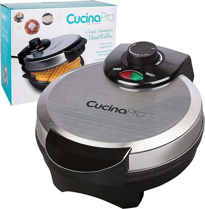 CucinaPro Heart Waffle Maker- Make 5 Heart Shaped Waffles, Special Loved Ones Holiday Breakfast- Nonstick Baker w Easy Cleanup, Electric Waffler Griddle Iron Adjustable Temperature Control- Xmas Gift