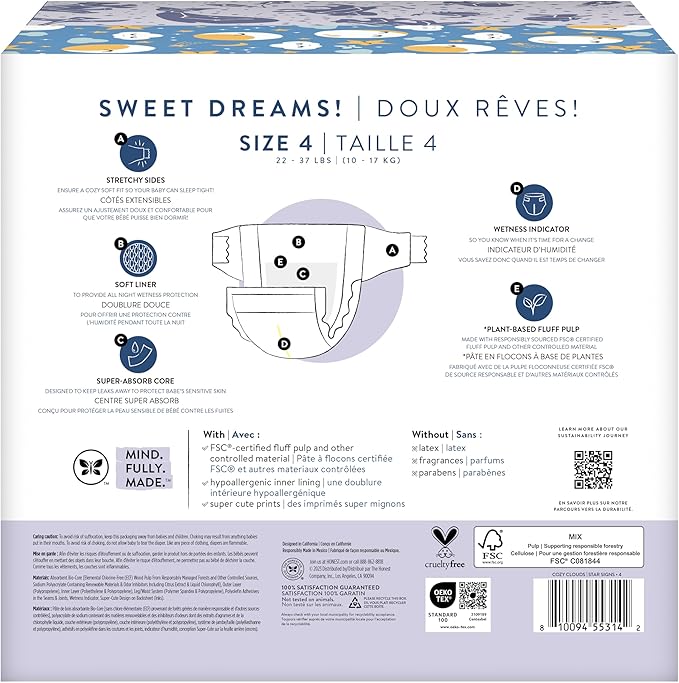 The Honest Company Clean Conscious Overnight Diapers for Sensitive Skin, Hypoallergenic Fragrance-Free Baby Diapers, Cozy Cloud and Star Signs Design, Club Box, Size 4 (22–37 lbs), 48 Count