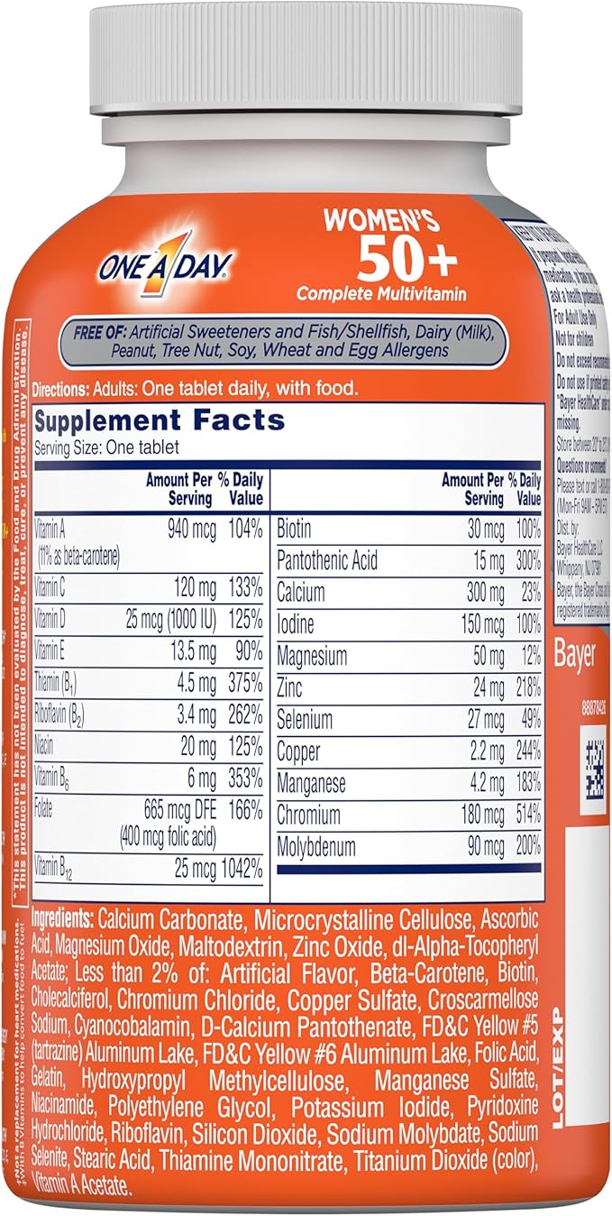 One A Day Women’s 50+ Multivitamins, Multivitamin for Women with Vitamin A, C, D, E and Zinc for Immune Health Support*, Calcium & more, 100 count