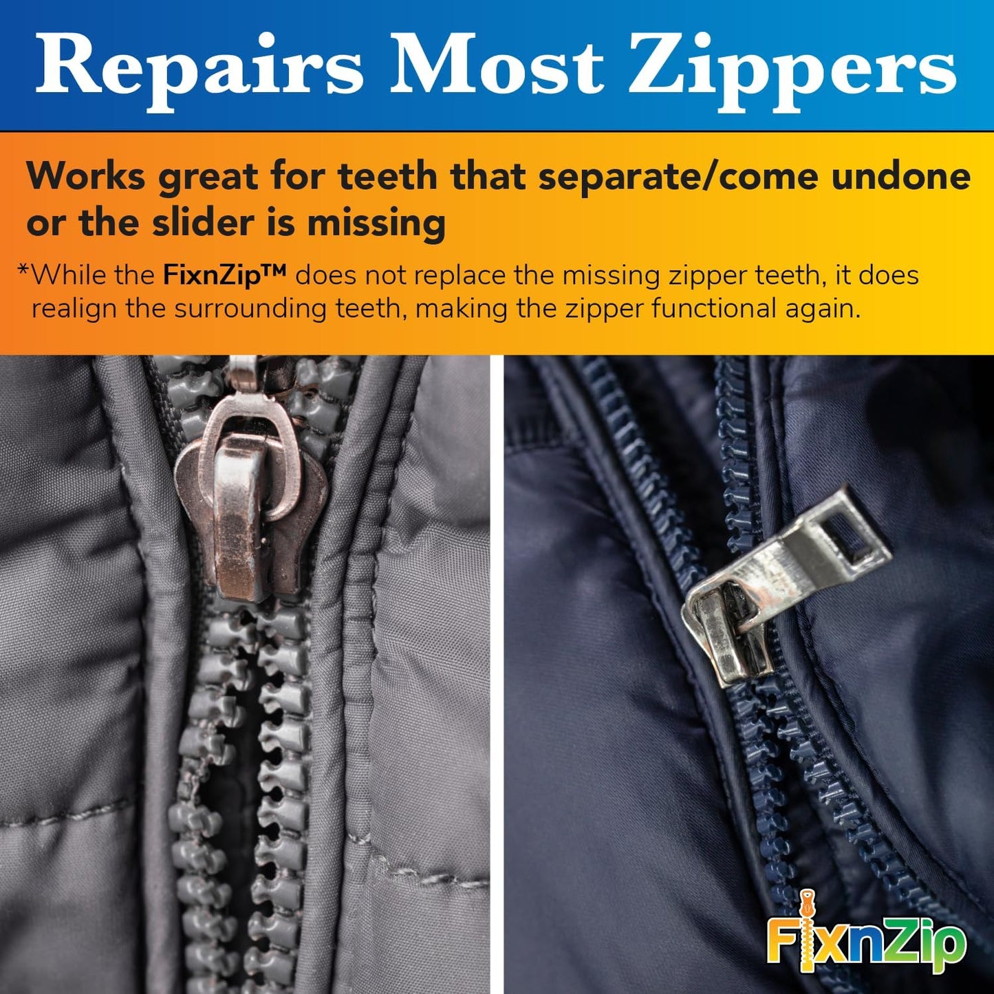 FixnZip (Large, Black Nickel) - See Size Guide - Universal Zipper Repair Kit for Wetsuits, Luggage, Zipper Replacement Repair Kit - Instant Zipper Fix