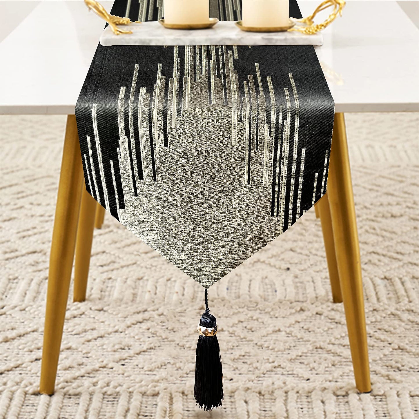 Fullony Black Table Runner 72 Inches Long Handmade Embroidery Modern Abstract Striped Pattern with Ring Stylish Tassels for Home Living Room Bedroom Dinner Room Kitchen Art Decor Thanksgiving