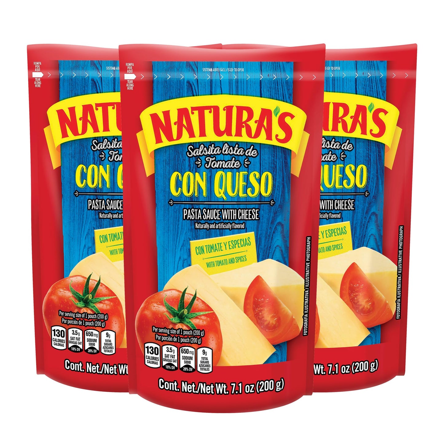 Naturas Cheese Pasta Sauce Ready-to-Eat Salsa Con Queso in 7.1oz. Easy-Open Pouch (Pack of 3)