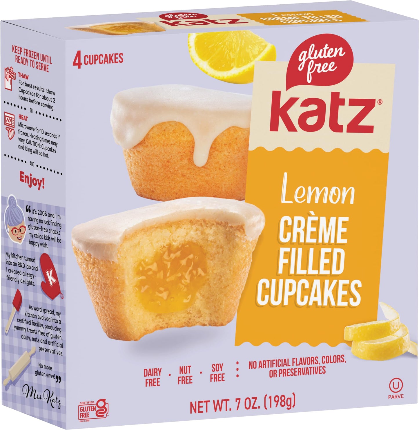 Katz Gluten Free Lemon Crme Filled Cupcakes | Dairy Free, Nut Free, Soy Free, Gluten Free | Kosher (1 Pack of 4 Crme Cupcakes, 7