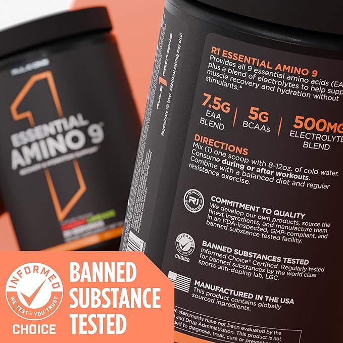 Rule 1 Essential Amino 9 – Recovery & Hydration Support with 7.5g of Essential Amino Acids + Electrolytes (30 Servings, Rainbow Candy)