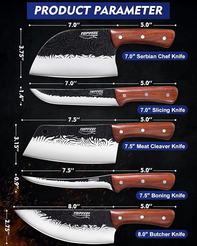 Butcher Knife Set 5PCS, Hand Forged Kitchen Knives Set Serbian Chef Knife Set, Meat Cleaver Boning Carving Knives Set for Home、Camping、BBQ