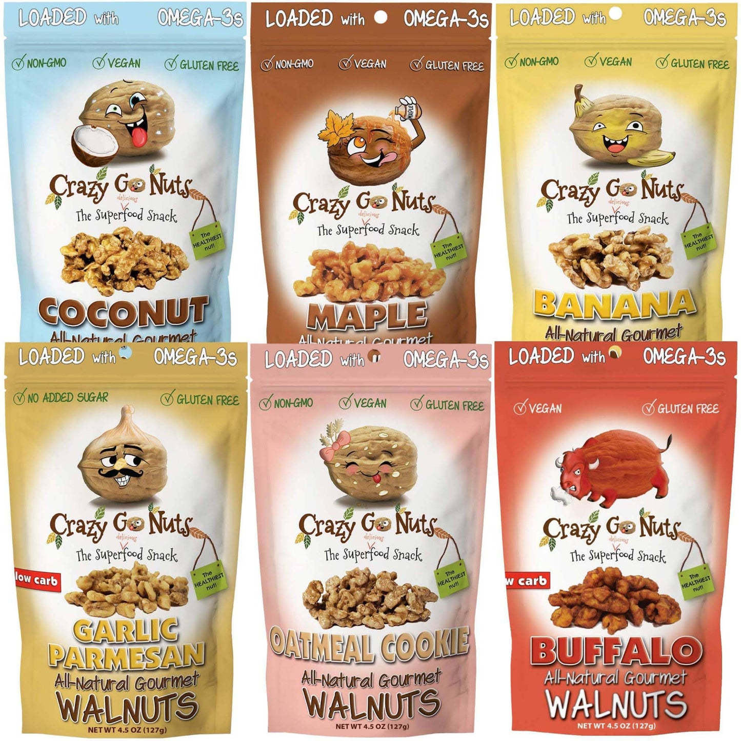 Crazy Go Nuts Sampler Pack - Candied & Salted Walnuts for Snacking, Flavored Snack Packs w/Omega 3 ALA & Vegan Protein - Maple,