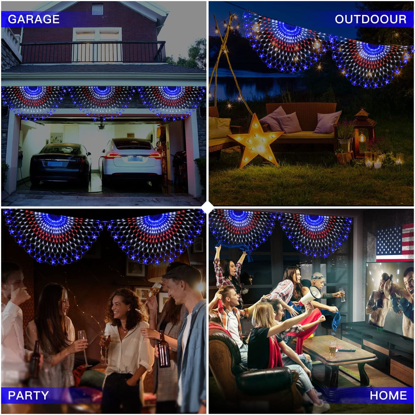 Puhong July 4Th American Flag Lights 250 Led Usa Half Fan Flag String Lights Outdoor Waterproof Patriotic Ornaments For 4Th Of July Patriot Day Independence Day